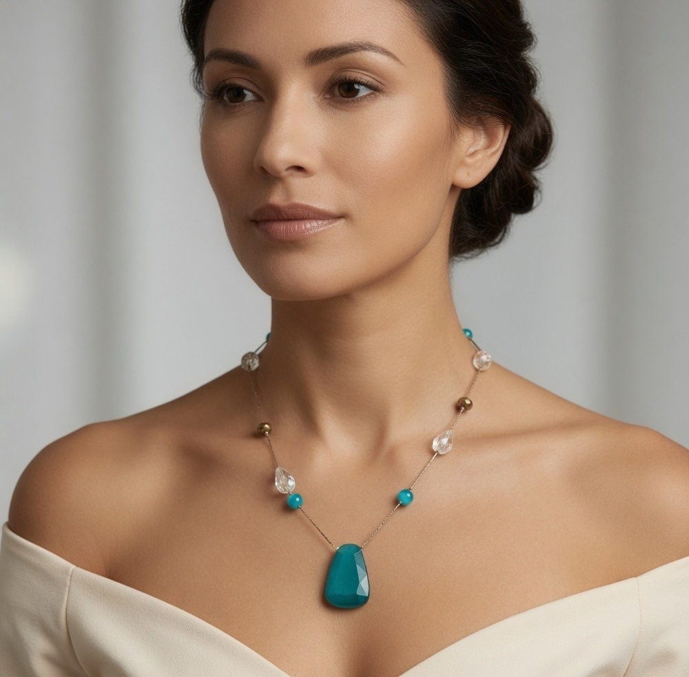 Vintage Teardrop Turquoise Pendant Beaded Necklace 20-23" Dress Costume Jewelry